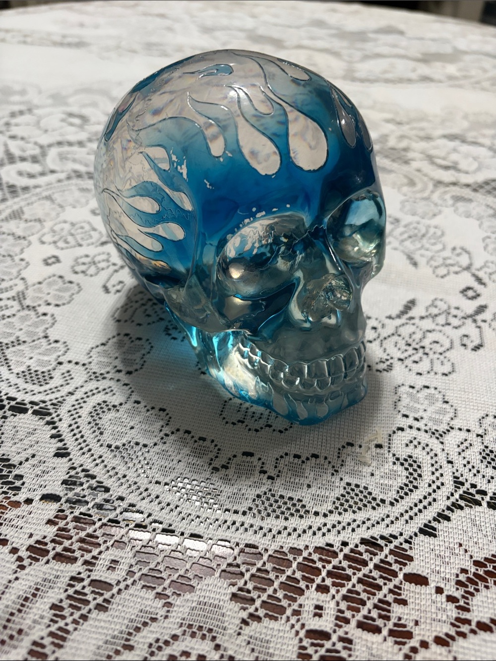 Blue Flames Glass Skull Figurine